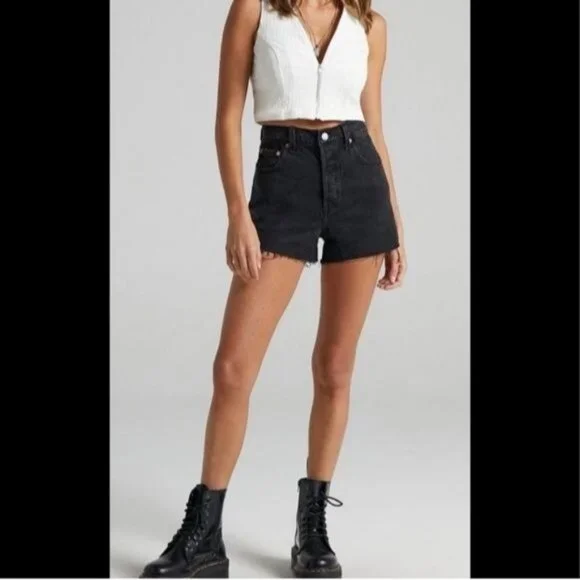 Levi 32 Ribcage shorts high waist cutoff black denim jean - Picture 1 of 9
